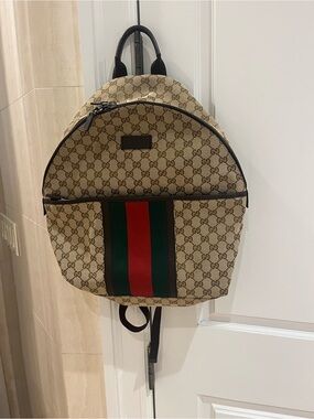 Gucci Beige GG Canvas Backpack with Green and Red Web Stripe